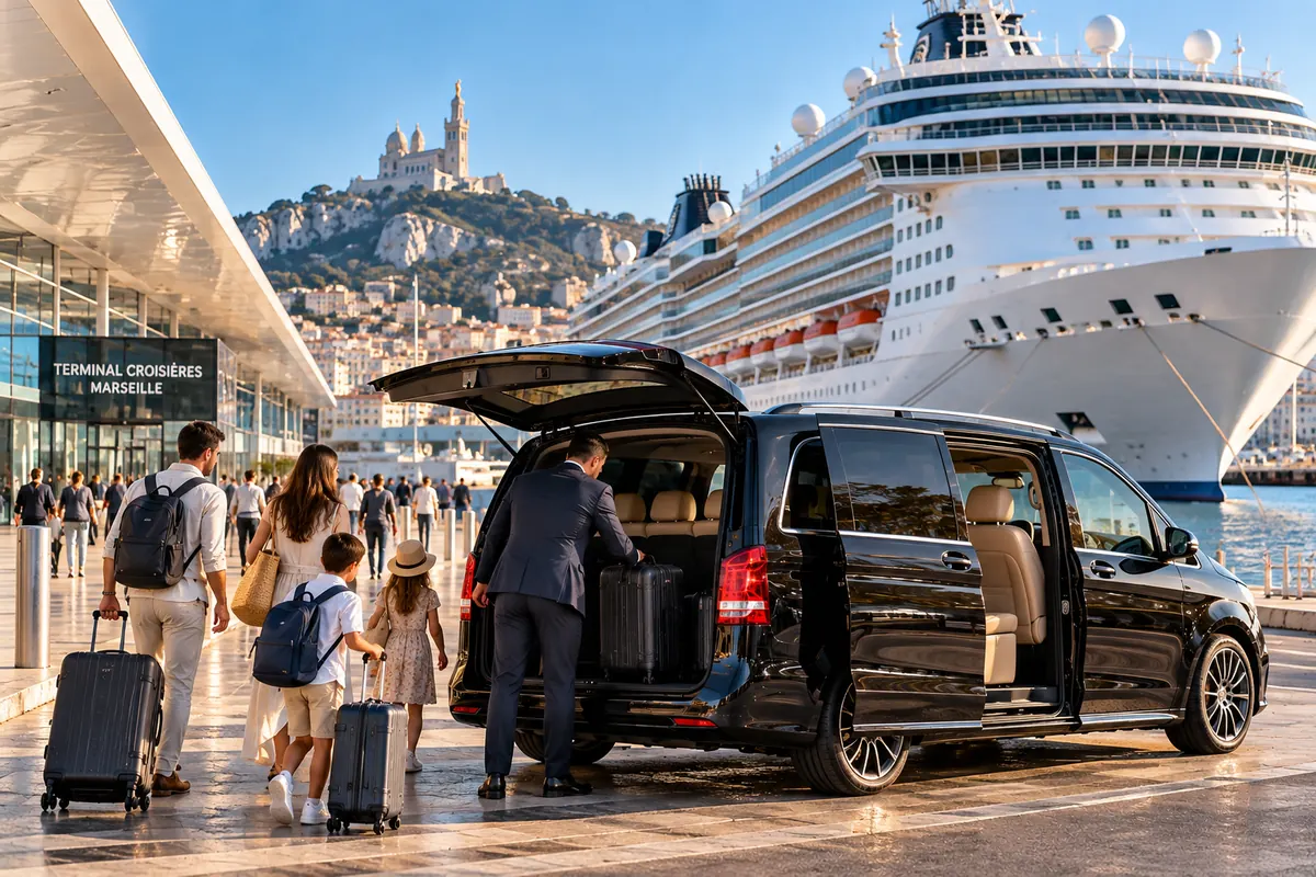 Chauffeur chargeant les valises d'une famille dans un van au terminal croisière